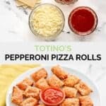 Copycat Totino's pepperoni pizza rolls ingredients and the rolls on a plate.