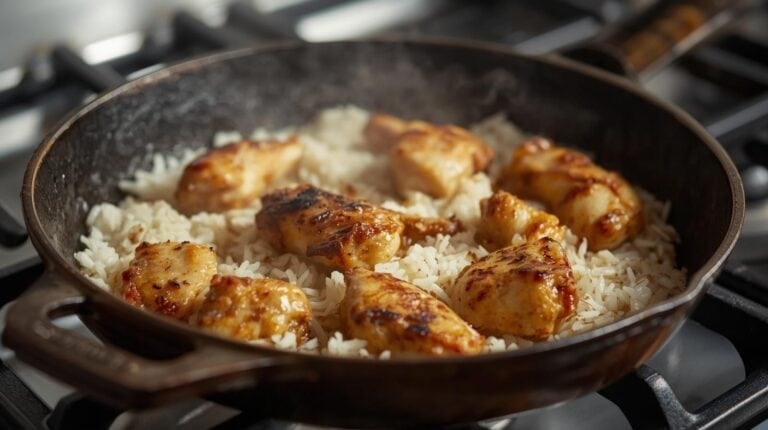Skillet chicken and rice cooking on a stovetop.
