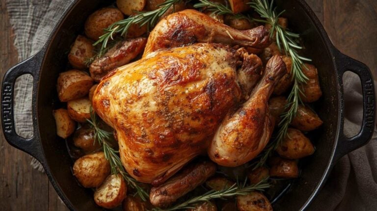 Roast chicken skillet with herbs and potatoes.