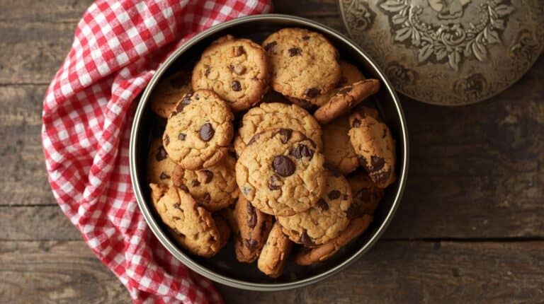 Vintage cookie tin filled with homemade chocolate chip cookies.