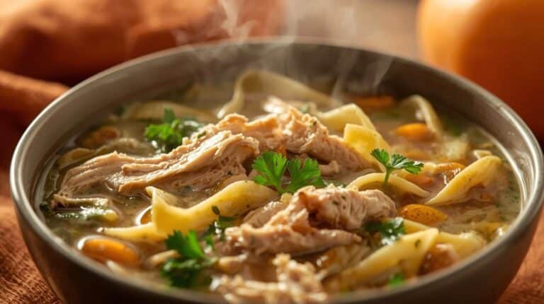 A steaming bowl of turkey noodle soup.