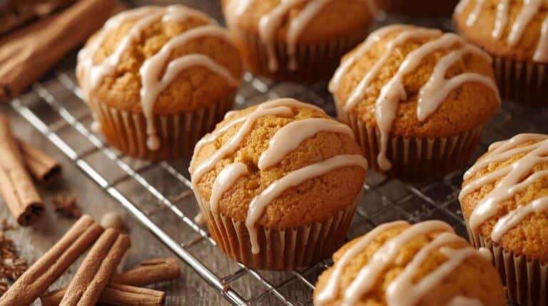Pumpkin muffins with maple glaze drizzle on a wire cooling rack and cinnamon sticks by it.
