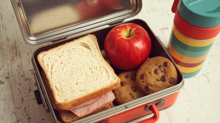 Open lunchbox with ham sandwich, apple, and cookies, vintage thermos.
