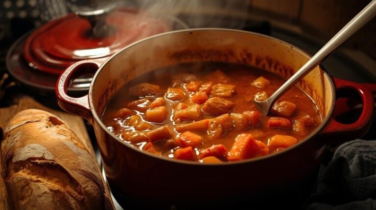 Beef stew in a Dutch oven and a loaf of crusty bread beside it.