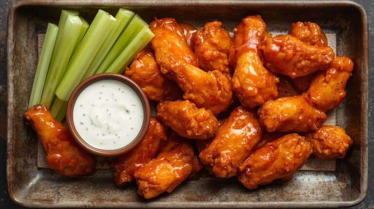 Basket of saucy wings with celery sticks and ranch on a wooden table, golden hour lighting.