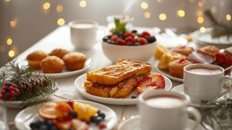 A cheerful brunch table with French toast, muffins, fruit, and hot cocoa surrounded by holiday decor.