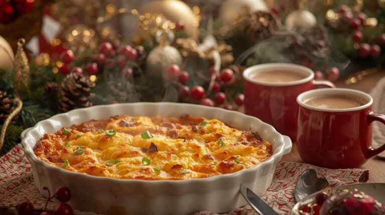 A golden baked breakfast casserole on a holiday table surrounded by ornaments, berries, and steaming mugs of cocoa.