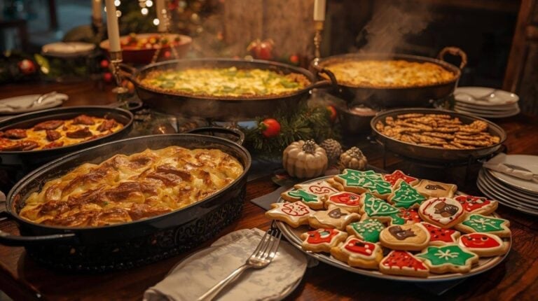 A holiday table with vintage baked casseroles, Christmas cookies, and retro serving dishes.