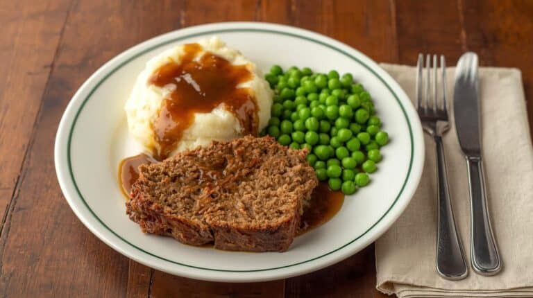 Meatloaf slice, mashed potatoes with gravy, and green peas on a plate.