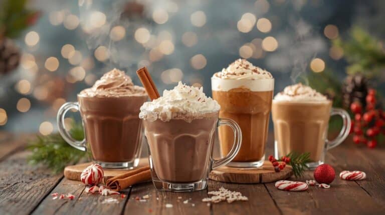 Various holiday drinks on a table with festive decorations.