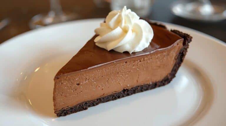 A slice of restaurant-style chocolate silk pie with a whipped cream swirl on a white dessert plate.