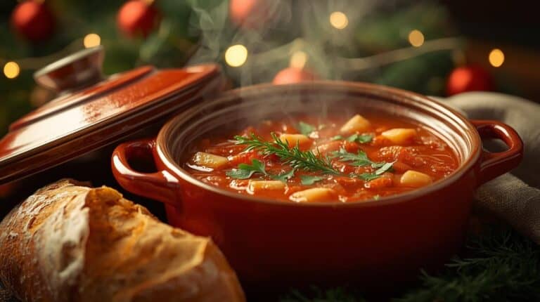A steaming pot of soup surrounded by rustic bread, fresh herbs, and soft holiday lighting.