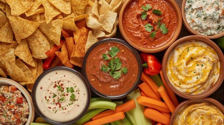 Various dips in bowls served with chips and veggies.