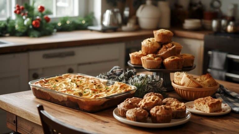 A cozy holiday kitchen with an overnight casserole, muffins, and sweet breakfast bakes ready to serve.