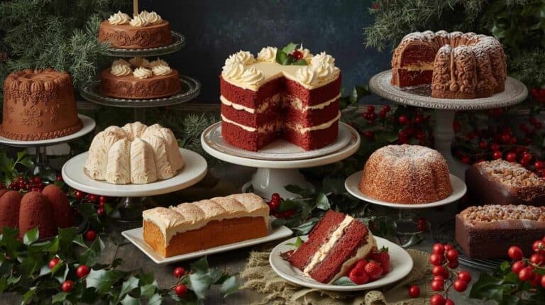 A vintage style holiday cake table with red velvet cake, bundt cakes, and frosted loaves decorated with holly.