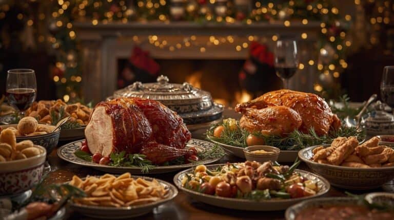An old fashioned holiday table showcasing glazed ham, roast turkey, casseroles, and vintage serving dishes.