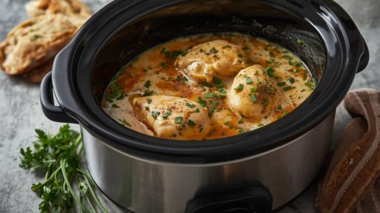 A slow cooker filled with tender chicken in a creamy sauce surrounded by fresh herbs and rustic bread.