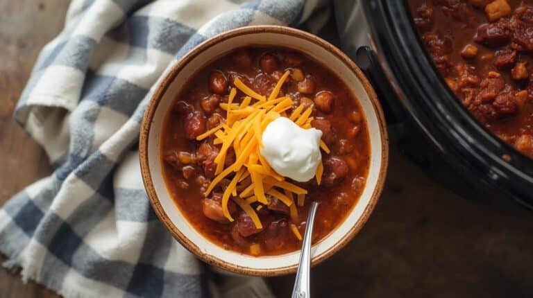 Chili in a slow cooker and a serving in a bowl topped with cheese and sour cream.