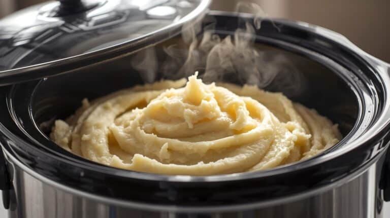A slow cooker filled with creamy mashed potatoes, lid open, and steam rising.
