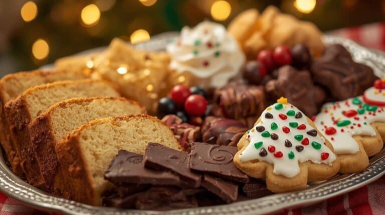 A festive Southern dessert tray featuring fudge, pound cake slices, and holiday cookies with vintage charm.
