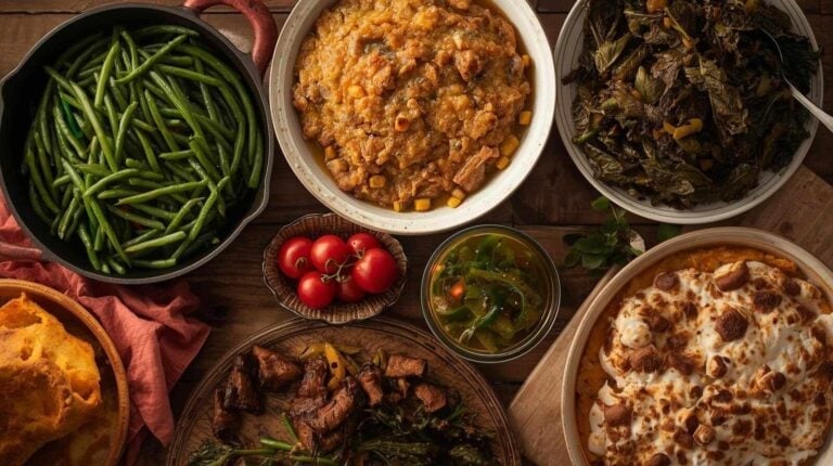 A holiday table with green beans, cornbread dressing, collard greens, and sweet potato casserole.