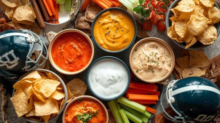Table of dips in small bowls with chips, veggies, and small helmets.