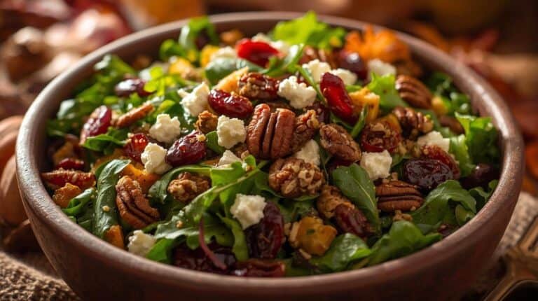 A fall harvest salad with greens, dried cranberries, pecans, and goat cheese in a rustic bowl.