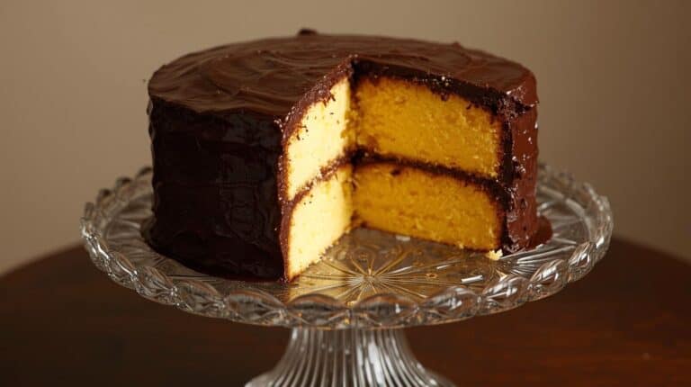 A classic yellow layer cake with chocolate frosting on a glass cake stand.