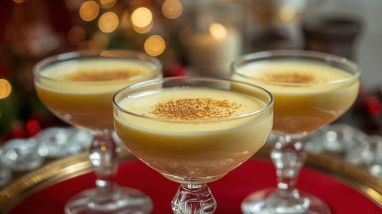A retro dessert display with custard cups with nutmeg sprinkled on top.