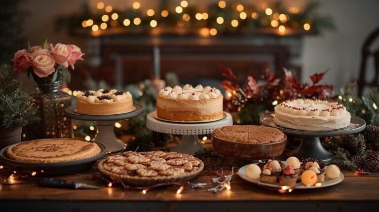 A festive dessert spread featuring vintage cakes, pies, cookies and sweet treats.