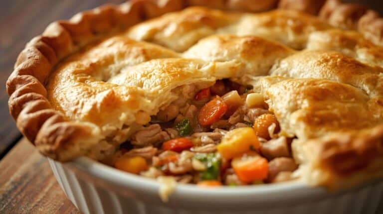 A hearty leftover turkey pot pie with golden flaky crust.