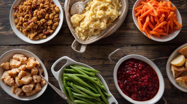 A spread of turkey stuffing, mashed potatoes, glazed carrots, green beans, and cranberry sauce in serving dishes on a wooden table.