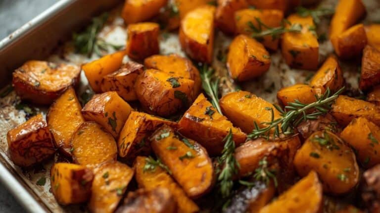 Roasted sweet potato cubes with fresh herbs on a sheet pan.