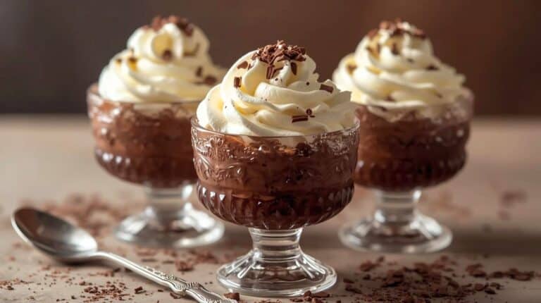 Vintage glass dessert cups filled with chocolate pudding, whipped cream dollops, retro spoon.