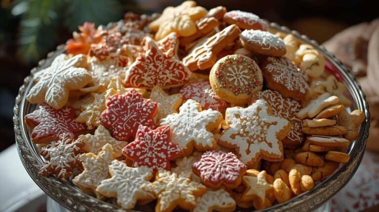 A festive cookie spread filled with colorful vintage cookies, spritz shapes, and powdered sugar treats.