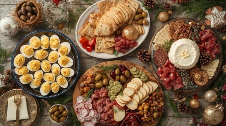 A vintage style appetizer table with deviled eggs, cheese balls, cold cuts, and colorful holiday garnishes.