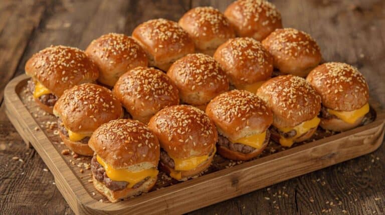 Tray of beef sliders with melted cheese and golden sesame seed buns.