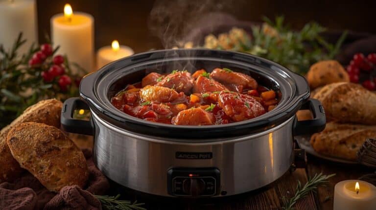 A cozy slow cooker meal served beside rustic bread, winter herbs, and soft candlelight.
