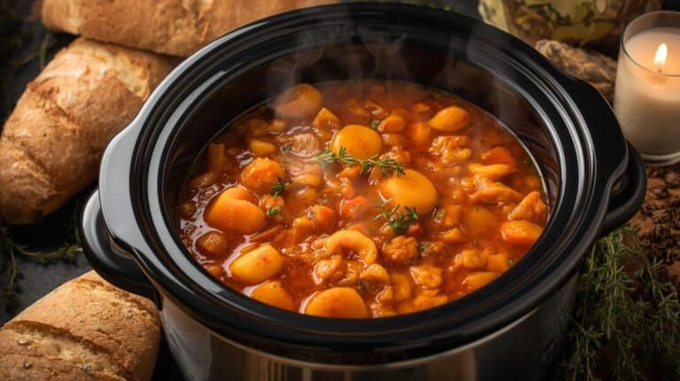A slow cooker filled with a rich winter stew, surrounded by warm bread, thyme sprigs, and soft candlelight.