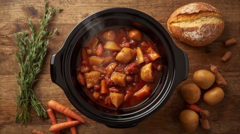 A slow cooker surrounded by winter herbs, root vegetables, and a rustic bread.