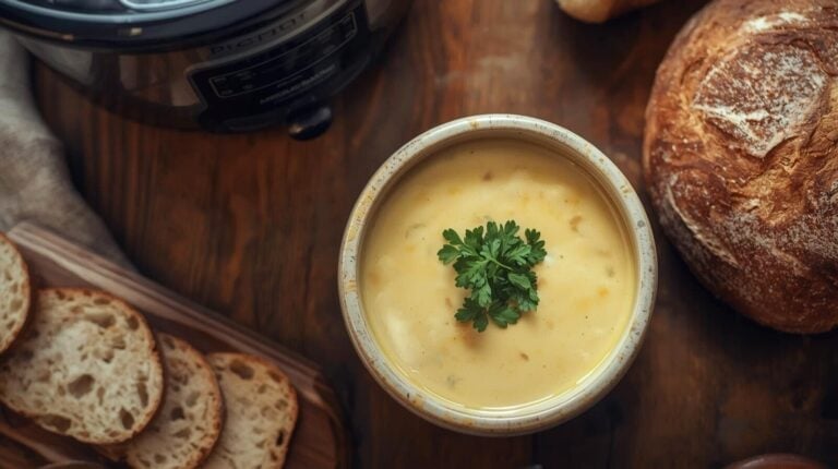 A rustic winter table with steaming chowder, crusty bread, and fresh herbs beside a slow cooker.