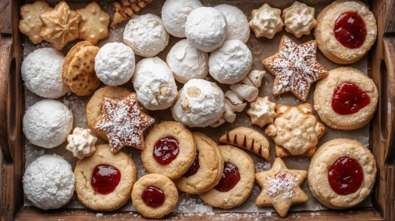 A cookie tray featuring snowballs, jam thumbprints, and spritz cookies.
