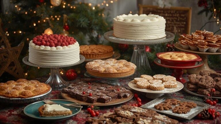A vintage dessert table with frosted cakes, pies, bars, and Christmas cookies.
