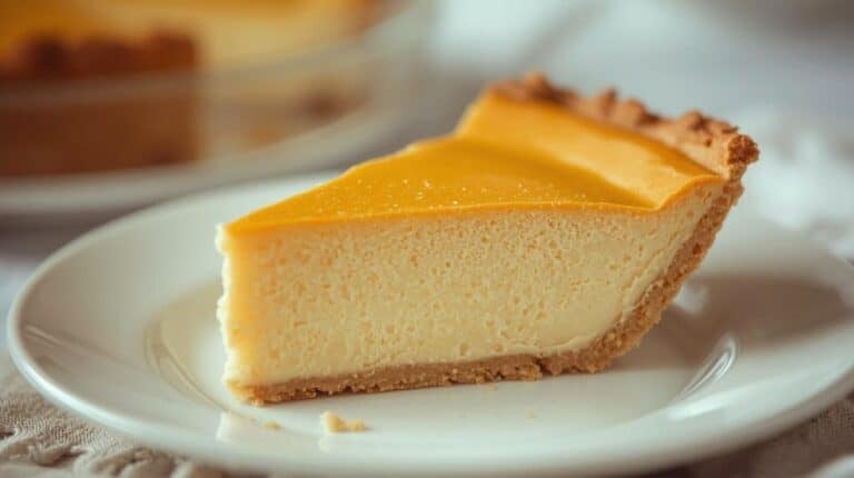 A slice of pumpkin chiffon pie on a retro-style plate.
