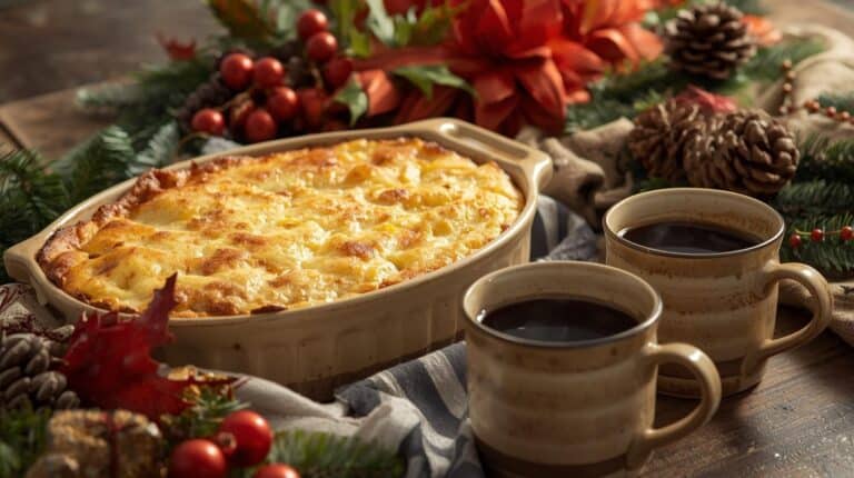 A fresh from the oven breakfast casserole on a holiday table with garland, ornaments, and steaming mugs of coffee.