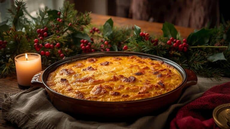 A rustic holiday table with a bubbling casserole dish surrounded by holly, candles, and festive linens.