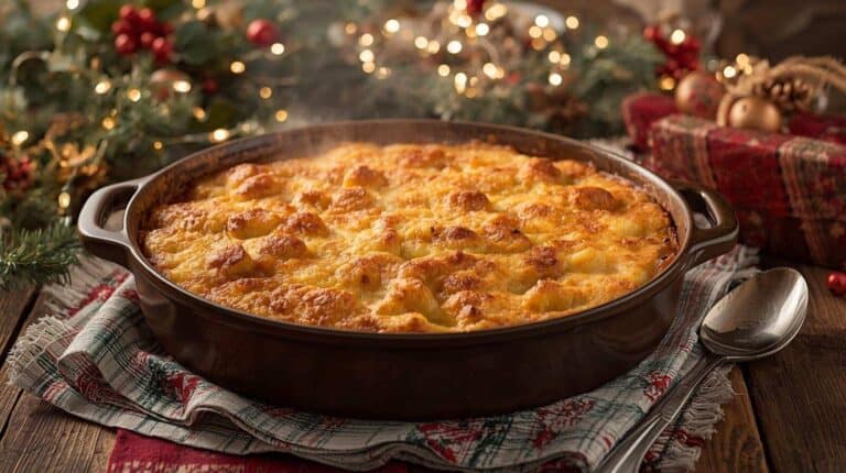 A bubbling casserole dish surrounded by holiday linens, mistletoe, and serving spoon.