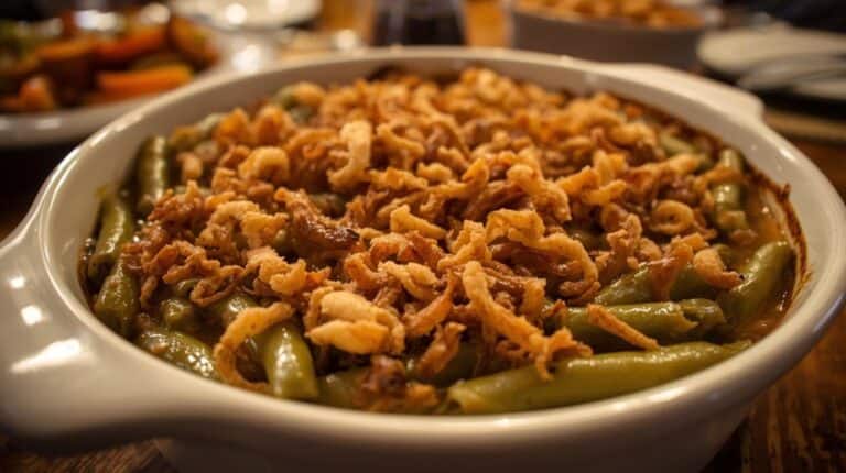 Green bean casserole with crispy onions in a vintage baking dish.