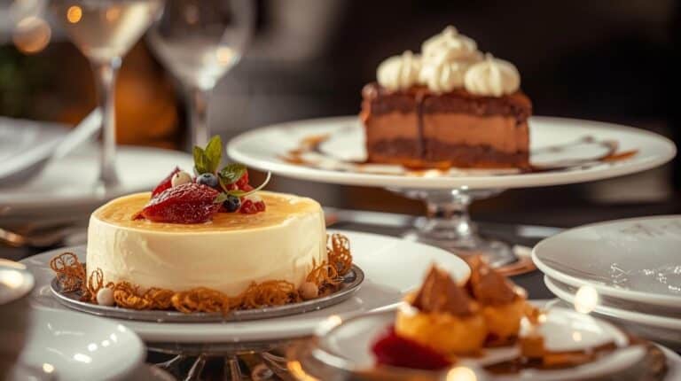 An elegant dessert table with a cheesecake, chocolate pie, and festive garnishes styled like a restaurant display.