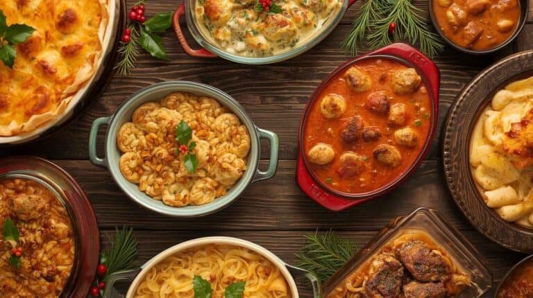 A table filled with bubbling casseroles inspired by restaurant classics, decorated with holiday greenery.